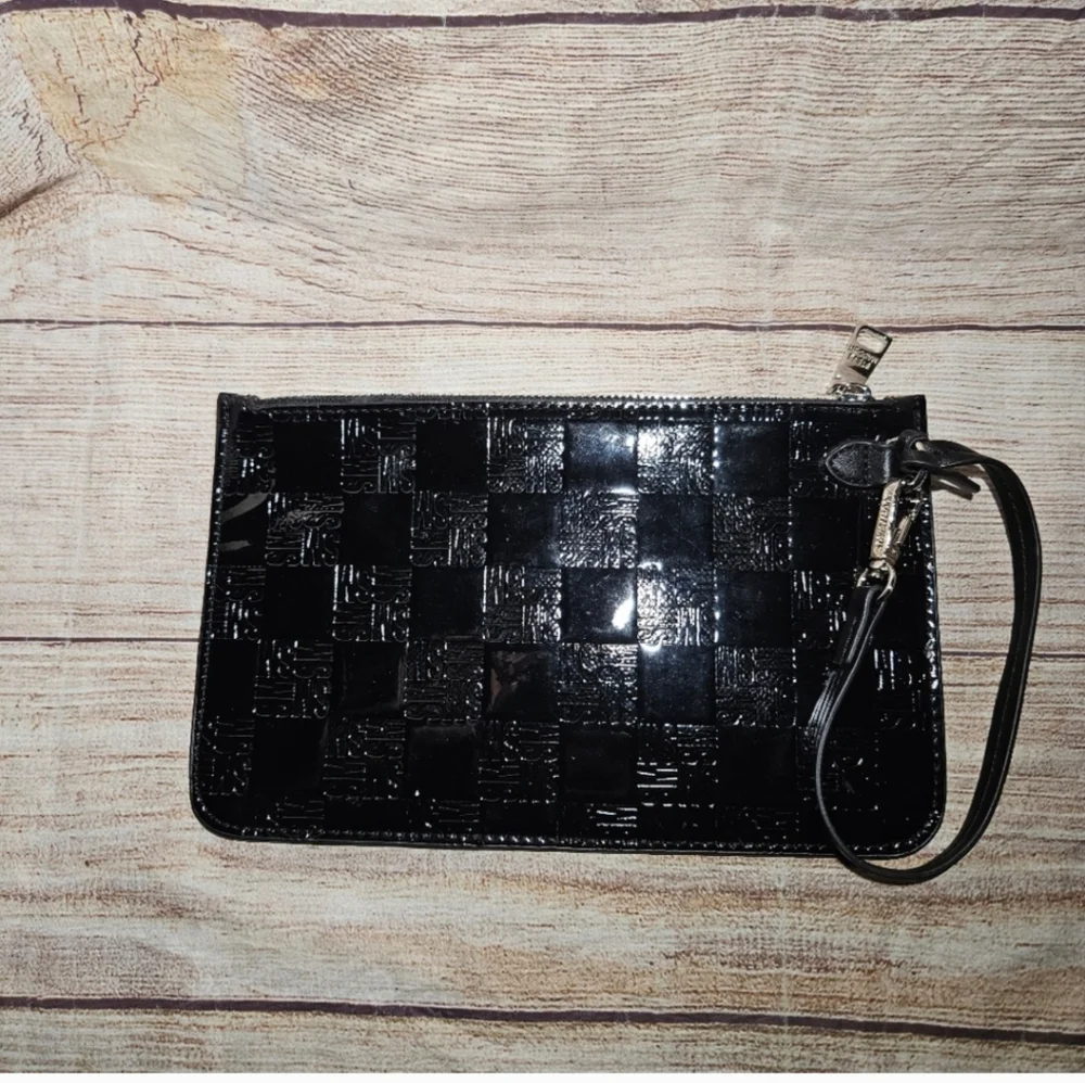 Steve Madden black checkered faux leather clutch wristlet bag